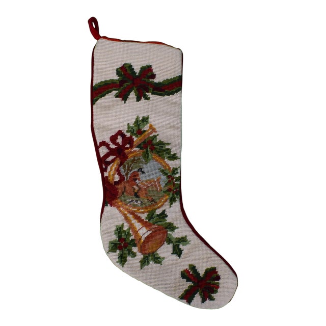 Hand Needlepoint Fox-Hunter Christmas Stocking W/ Red Velvet Backing For Sale