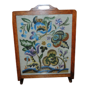 Antique Jacobean Designed Needlepoint Fireplace Screen