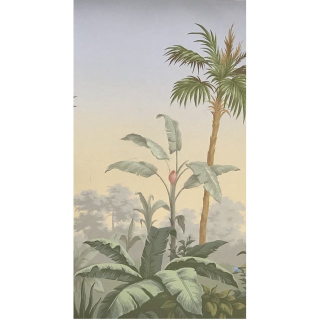 36" * H96" * 3ps, Hand-Painted French Retro Tropical Jungle Floral & Bird Wall Mural, Soft Mist Botanical Wallpaper For Sale - Image 4 of 5