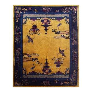 1920s Canary Yellow Scene Pictoral Antique Chinese Art Deco Hand Knotted Rug 9'x 11' 7" Wool Carpet For Sale