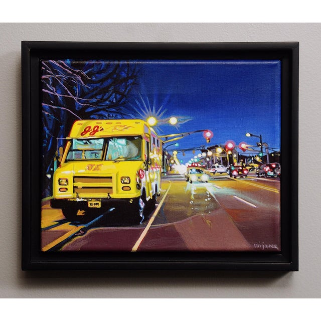 Contemporary JJ's Hot Dog Truck II by Maria Mijares | Acrylic on Linen Yellow food truck on a city street at night For Sale - Image 3 of 4