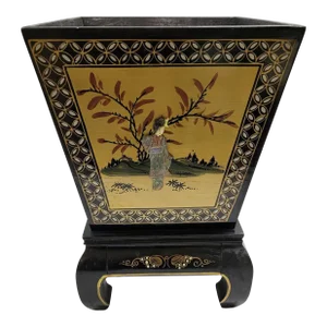Vintage Chinese Black and Gold Lacquer With Carved Stone Figure Wood Planter