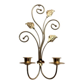Brass Plated Scrolled Metal Wall Hanging Candle Sconce, Candelabra, Candle Holder For Sale