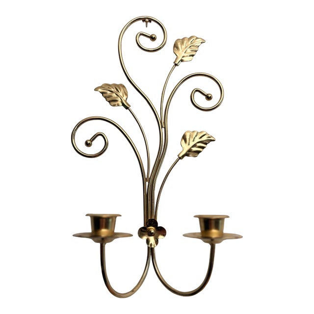 Brass Plated Scrolled Metal Wall Hanging Candle Sconce, Candelabra, Candle Holder For Sale