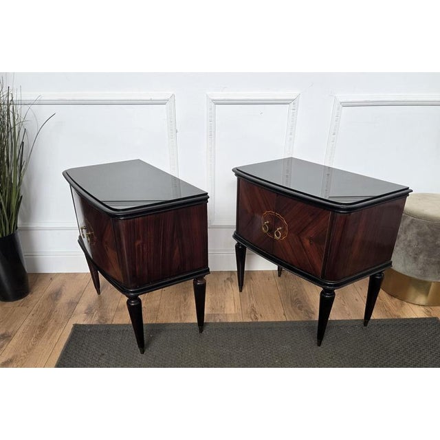 Black Mid-Century Art Deco Italian Nightstands in Walnut Glass Top, 1950s, Set of 2 For Sale - Image 8 of 10