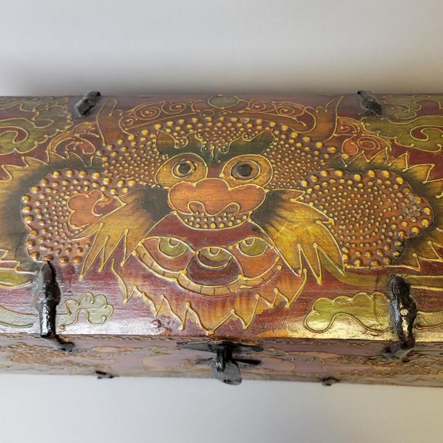 Red Tibetan Manuscript Box— Hand-Painted, With Red Lacquer & Iron Straps— Mid-20th Century For Sale - Image 8 of 8