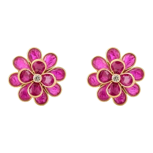 18k Solid Yellow Gold Pear Cut Ruby Flower Stud Earrings - 2 Pieces