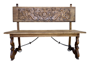 Spanish Renaissance Carved Oak Bench Banquette Escaño, 1890s