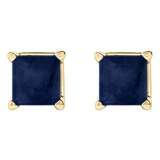 14K Yellow Gold 5x5MM Princess Cut Blue Sapphire Solitaire Stud Earrings For Sale