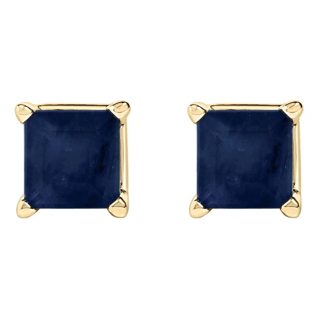 14K Yellow Gold 5x5MM Princess Cut Blue Sapphire Solitaire Stud Earrings For Sale