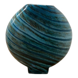 Italian Murano Style Teal Swirl Hand-Blown Art Glass Vase Large Size For Sale