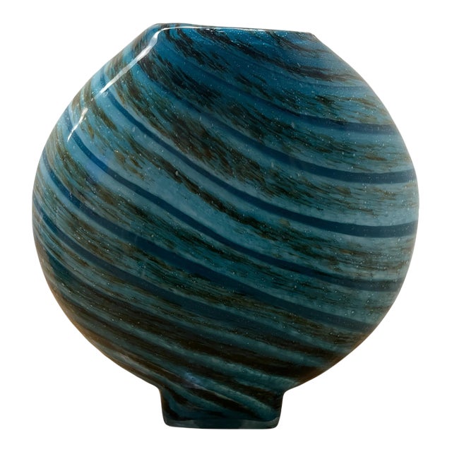Italian Murano Style Teal Swirl Hand-Blown Art Glass Vase Large Size For Sale
