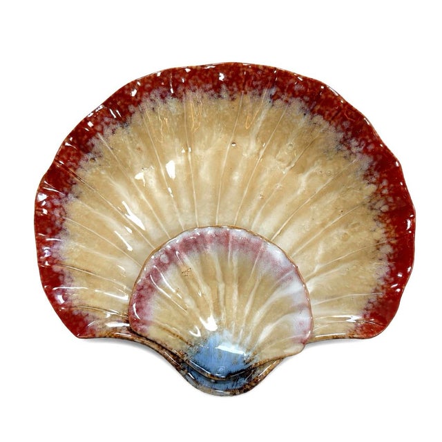A charming vintage Mid-Century Modern ceramic clam shell chip and dip platter, featuring a beautifully glazed, Majolica-...