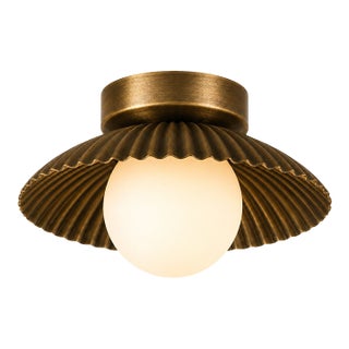 Solid Brass Fluted Flush Mount Ceiling Light With Opal Glass Globe For Sale