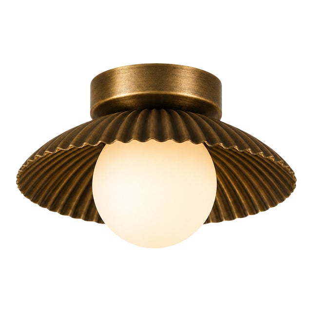 Solid Brass Fluted Flush Mount Ceiling Light With Opal Glass Globe For Sale