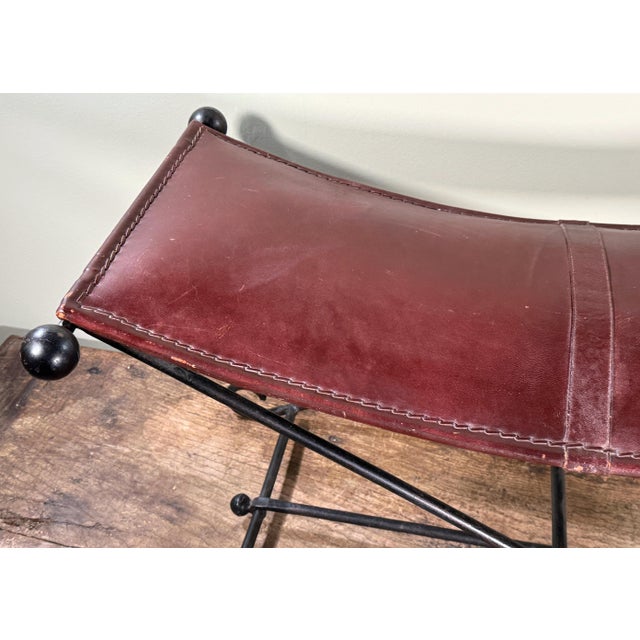 Metal Vintage Leather and Wrought Iron Campaign Style Curved Sling Bench For Sale - Image 7 of 9