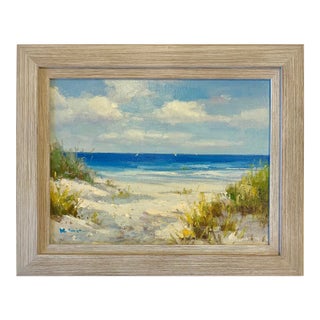 Coastal Beach Dune Seascape Oil Painting on Canvas by H. Cole, Framed For Sale