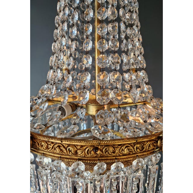 Antique Italian Baroque Style Crystal Chandelier Brass Basket Form Restored For Sale - Image 9 of 10