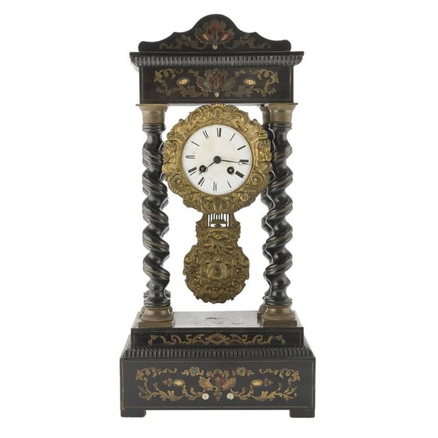 Ebonized Wood Clock with Brass Inlays, 19th Century For Sale - Image 4 of 4