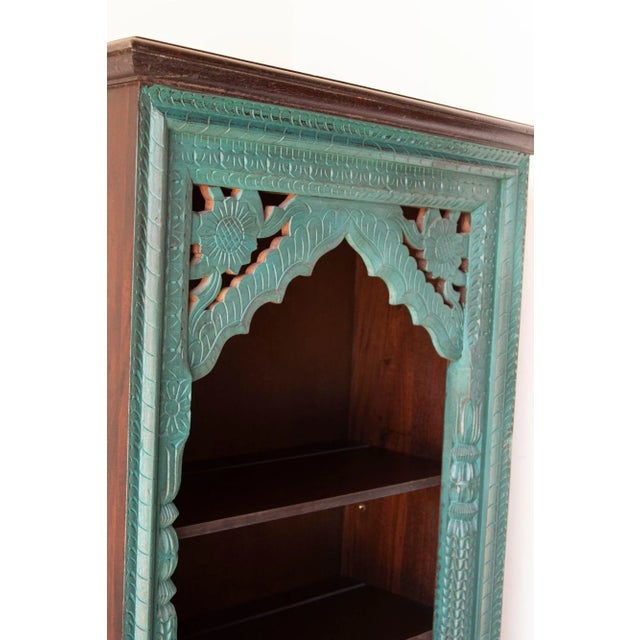 Hand-Carved Arch Bookshelf Wooden Cabinet in Rustic Blue For Sale - Image 11 of 13