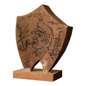 Vintage Folk Art Pine Sculpture With Hand-Drawn Portrait of a Fisherman by David Broderick, Circa 1970s-80s