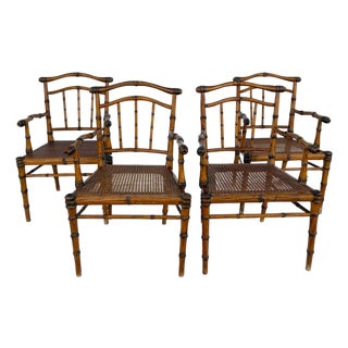 Faux-Bamboo Cane Seat Armchairs Set of 4 For Sale