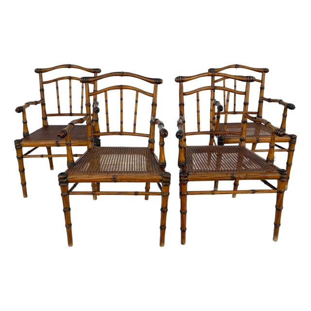Faux-Bamboo Cane Seat Armchairs Set of 4 For Sale