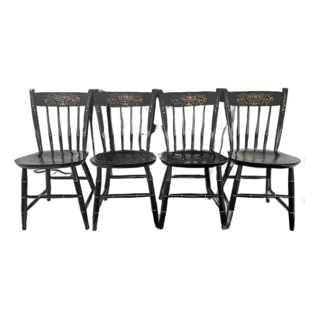 Vintage Nichols & Stone Ebonized Windsor Chairs (4pcs), Hand-Stenciled, Solid Wood For Sale