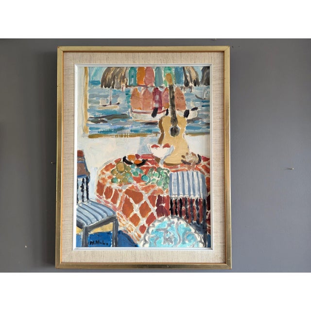 INTERIOR WITH PAINTING Size: 22.4 x 17.7 inches (including frame) Oil on board An expressive and uplifting mid-century...