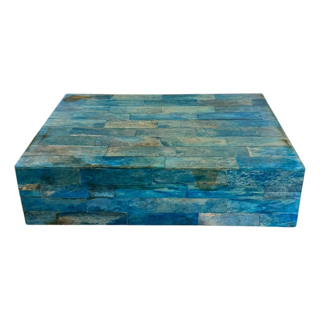 Attributed to Maitland-Smith Blue Dyed Bone Mosaic Hinged Decorative Box, Circa 1970s For Sale