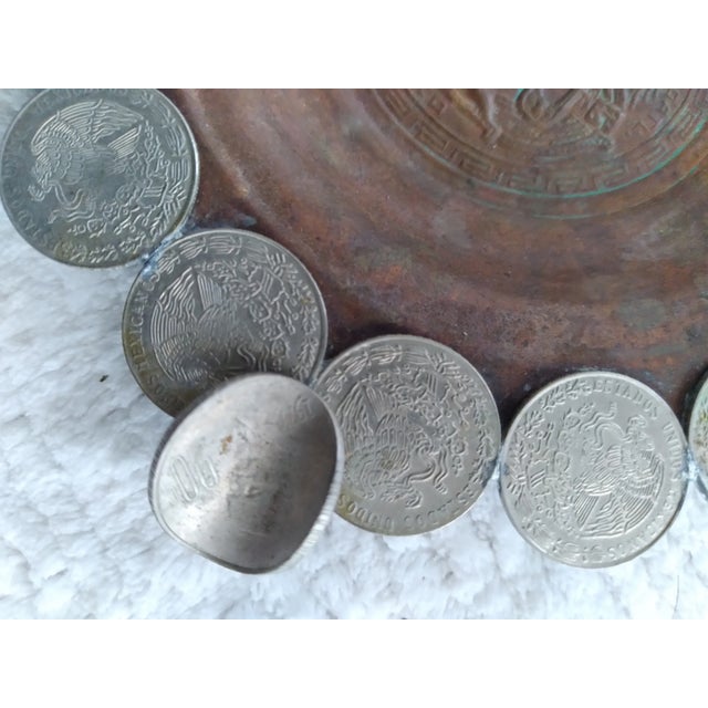 Vintage 1970's 20 Centavos Mexican Coin Ashtray with Copper Embossed Base of a Mayan Figure and the words "Juego De Pelota...