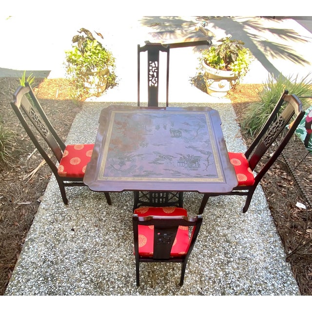 VIntage Chinoiserie Incised Game Table or Dining Table With High Back Carved Chairs - Set of 5 For Sale - Image 9 of 12