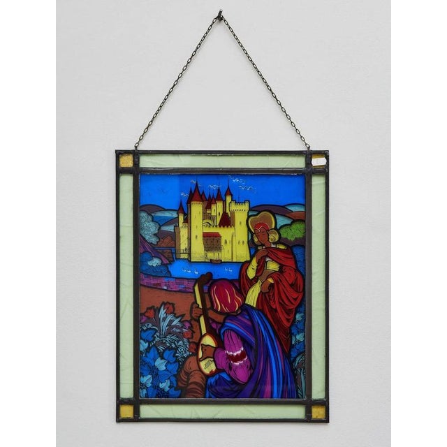 Hanging Stained Glass Window with Knightly Motif and Castle in Colored Glass For Sale - Image 6 of 8
