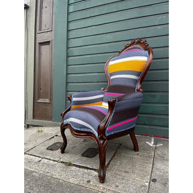 Antique Bohemian Stripped Upholstered Rustic Armchairs (All New Upholstery) Set of 2 For Sale - Image 10 of 12