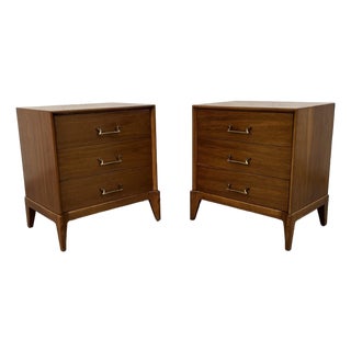 Mid-Century Modern Three Drawer Walnut Nightstands, A Pair For Sale