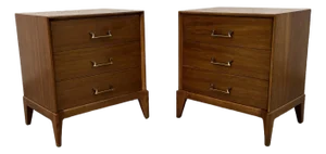 Mid-Century Modern Three Drawer Walnut Nightstands, A Pair
