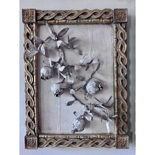 Paper Mache Pomegranate Branch in Plaster Frame Sculptural Wall Art For Sale - Image 9 of 11