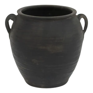 Early 20th Century Vintage Black Ceramic 12" Pottery Vase With Two Handles