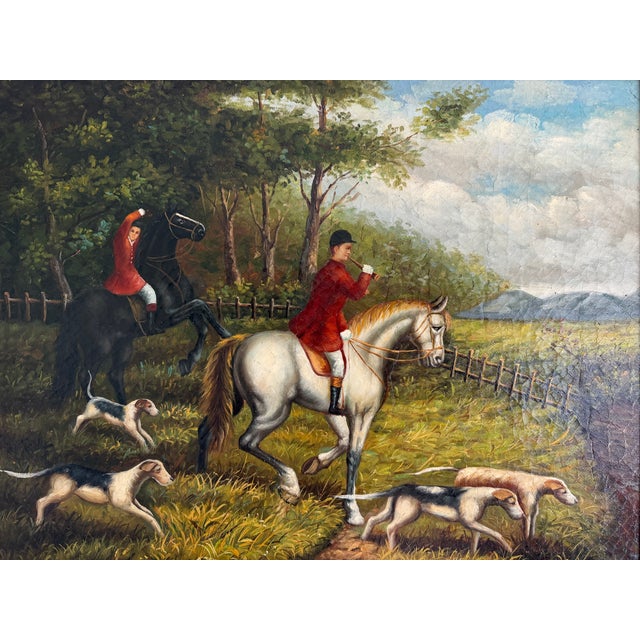Large Vintage Oil Painting English Fox Hunt Horses Hounds Hunting Scene Art For Sale - Image 13 of 15