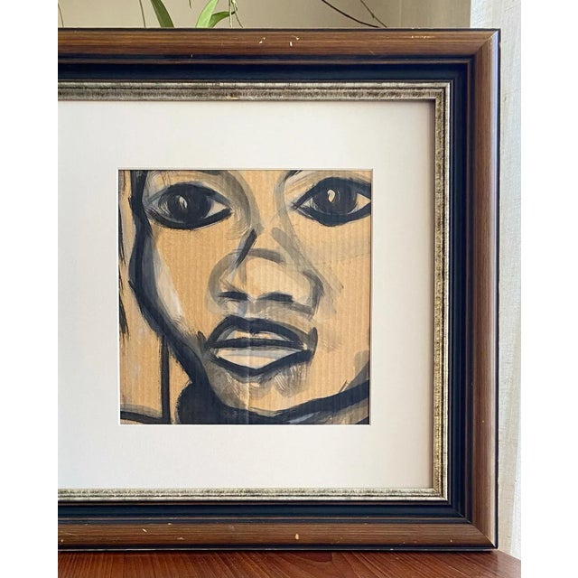 Wood Contemporary Modernist Framed Neutral Palette Portrait With Expressive Eyes For Sale - Image 7 of 10