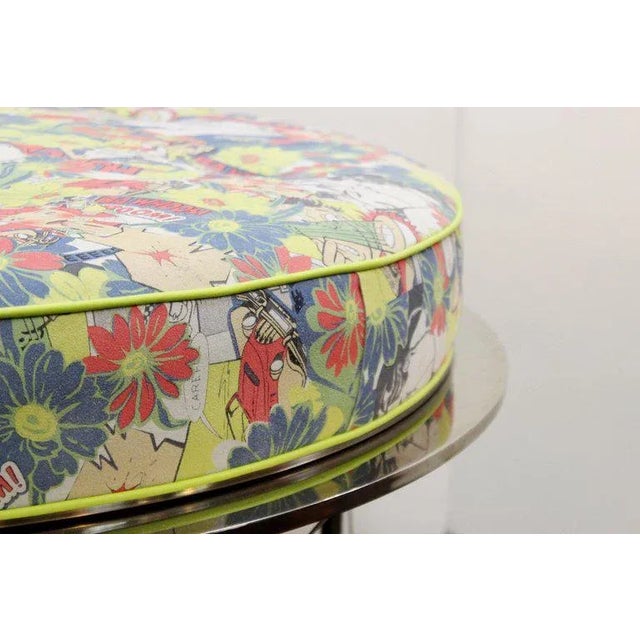 Metal Mid Century Vintage Chrome Frame Ottoman With Pop Art Embossed Leather Upholstery For Sale - Image 7 of 10