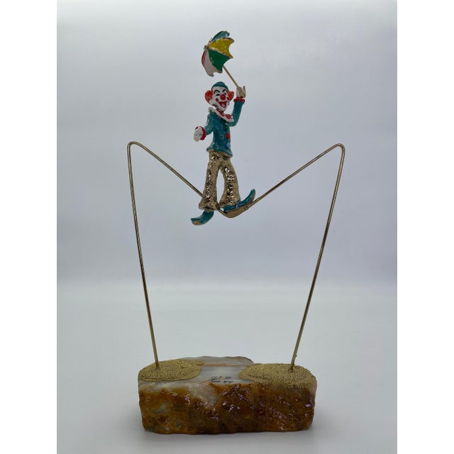 Vintage Ron Lee High Wire Circus Clown Sculpture With Umbrella on Natural Onyx Base, Signed 1984 For Sale - Image 4 of 11