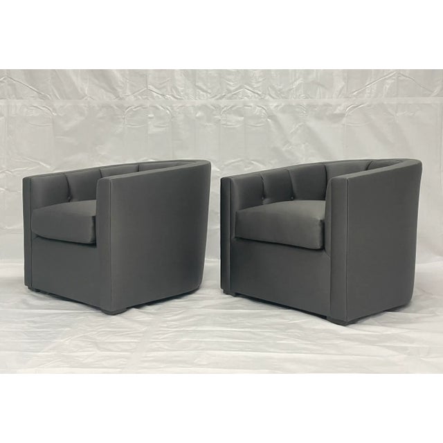 American Pair of Late 20th Century Custom American Lounge Chairs in Charcoal Gray Fabric For Sale - Image 3 of 18