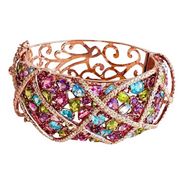 Bochic Capri” Vintage Sapphire, Peridot & Amethyst Cuff - 18K Gold & Silver For Sale