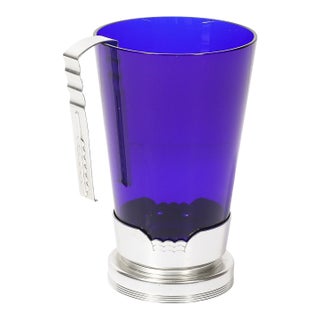 1930s Art Deco Ice Bucket in Blue Glass W/ Aluminum Base & Tongs Signed Kensington For Sale