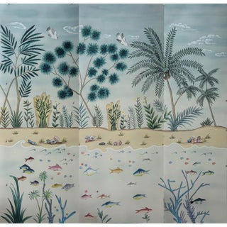 Hand-Painted Chinoiserie Landscape Wallpaper on Gradient Xuan Paper – Coastal Botanical & Tropical Garden, Set of 3 For Sale