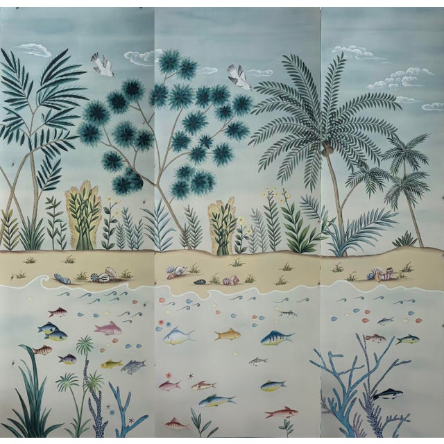 Hand-Painted Chinoiserie Landscape Wallpaper on Gradient Xuan Paper – Coastal Botanical & Tropical Garden, Set of 3 For Sale