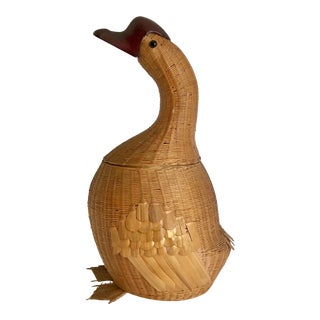 1960's Chinese Woven Wicker Figural Goose Basket For Sale