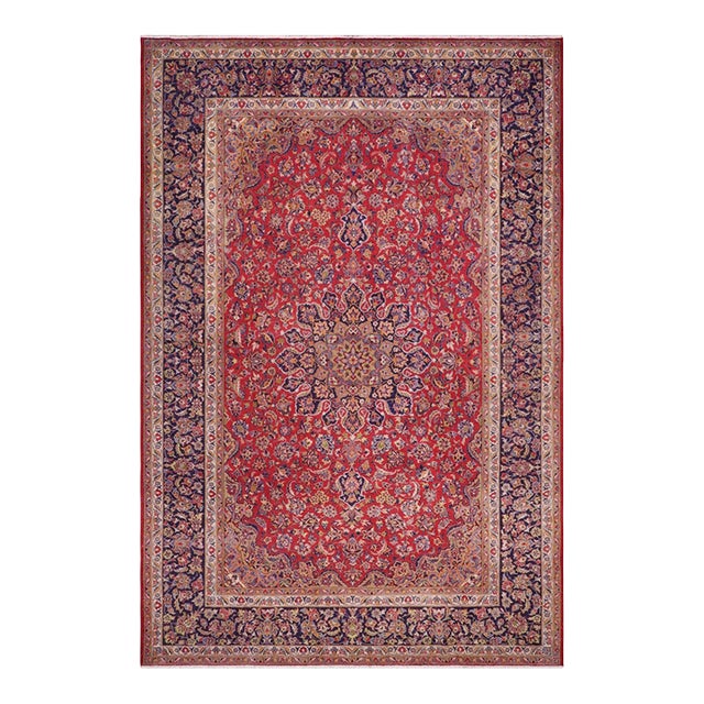Persian Vintage Kashan Red/Blue Wool Rug - 9'6'' X 13'8'' For Sale