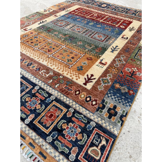 Blue Rust Hand Knotted Qashqai Design Tribal Wool Rug, 04'11 X 06'09 For Sale - Image 4 of 11